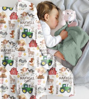 Farm Animal Blanket Baby Boy Personalized Boy Name Blanket Green Tractor Newborn Swaddle Cow Pig Goat Blanket with Name Hospital Blanket