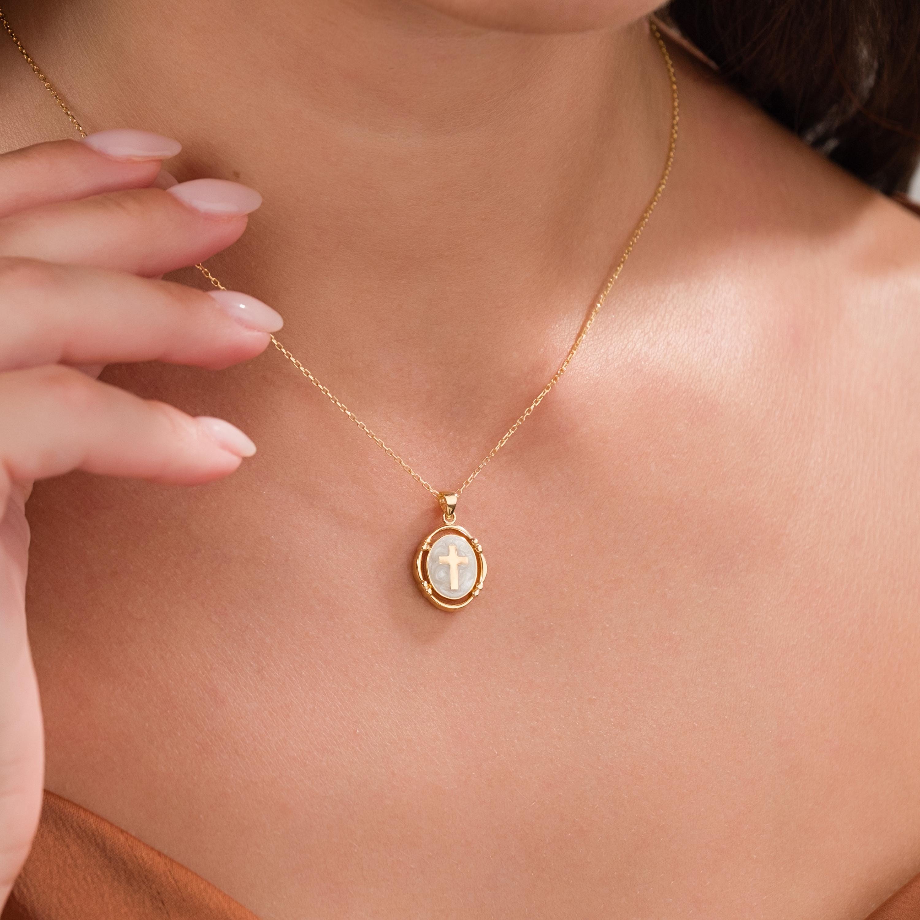 Pearl White Enamel Cross Necklace ,Gold Cross Pendant ,Religious Necklace ,Enamel Necklace , Christian Jewelry ,Christmas Gift,Birthday Gift