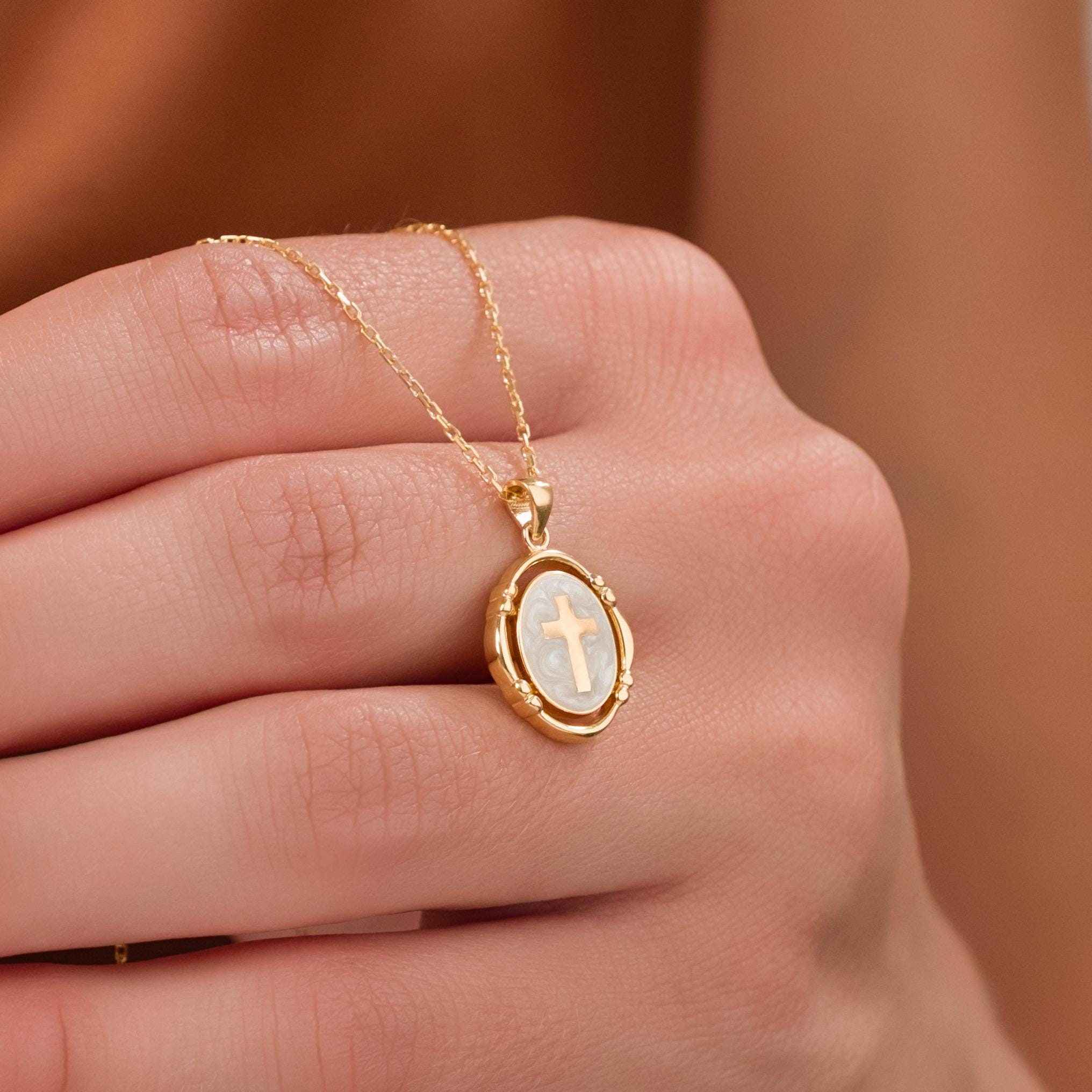 Pearl White Enamel Cross Necklace ,Gold Cross Pendant ,Religious Necklace ,Enamel Necklace , Christian Jewelry ,Christmas Gift,Birthday Gift