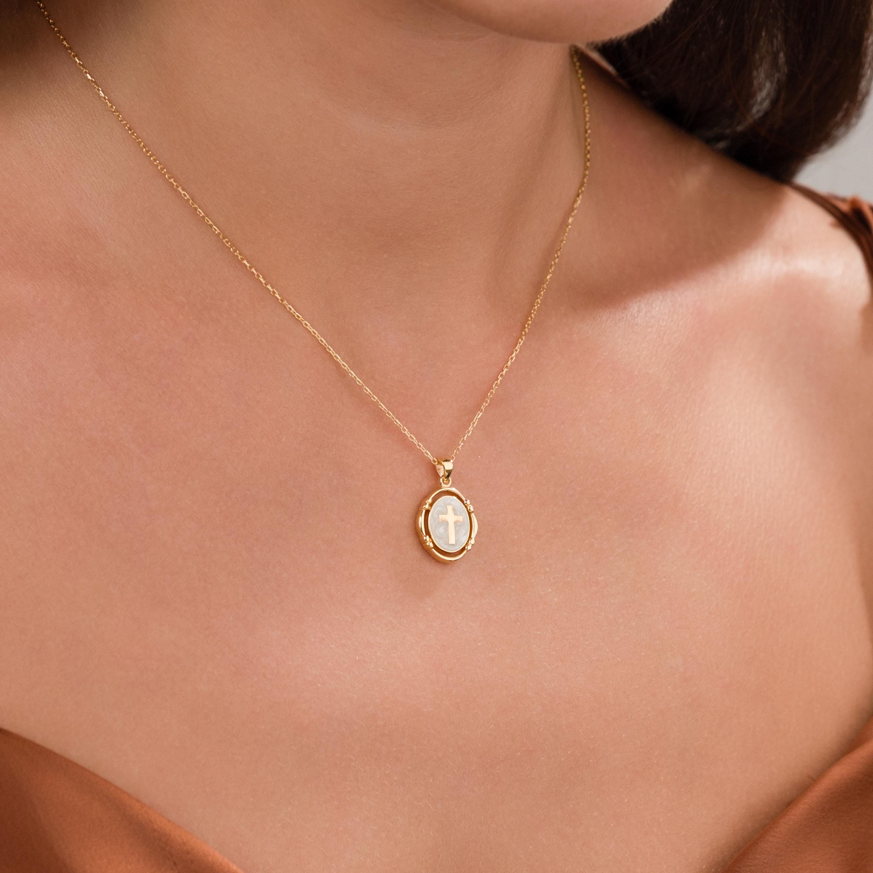 Pearl White Enamel Cross Necklace ,Gold Cross Pendant ,Religious Necklace ,Enamel Necklace , Christian Jewelry ,Christmas Gift,Birthday Gift