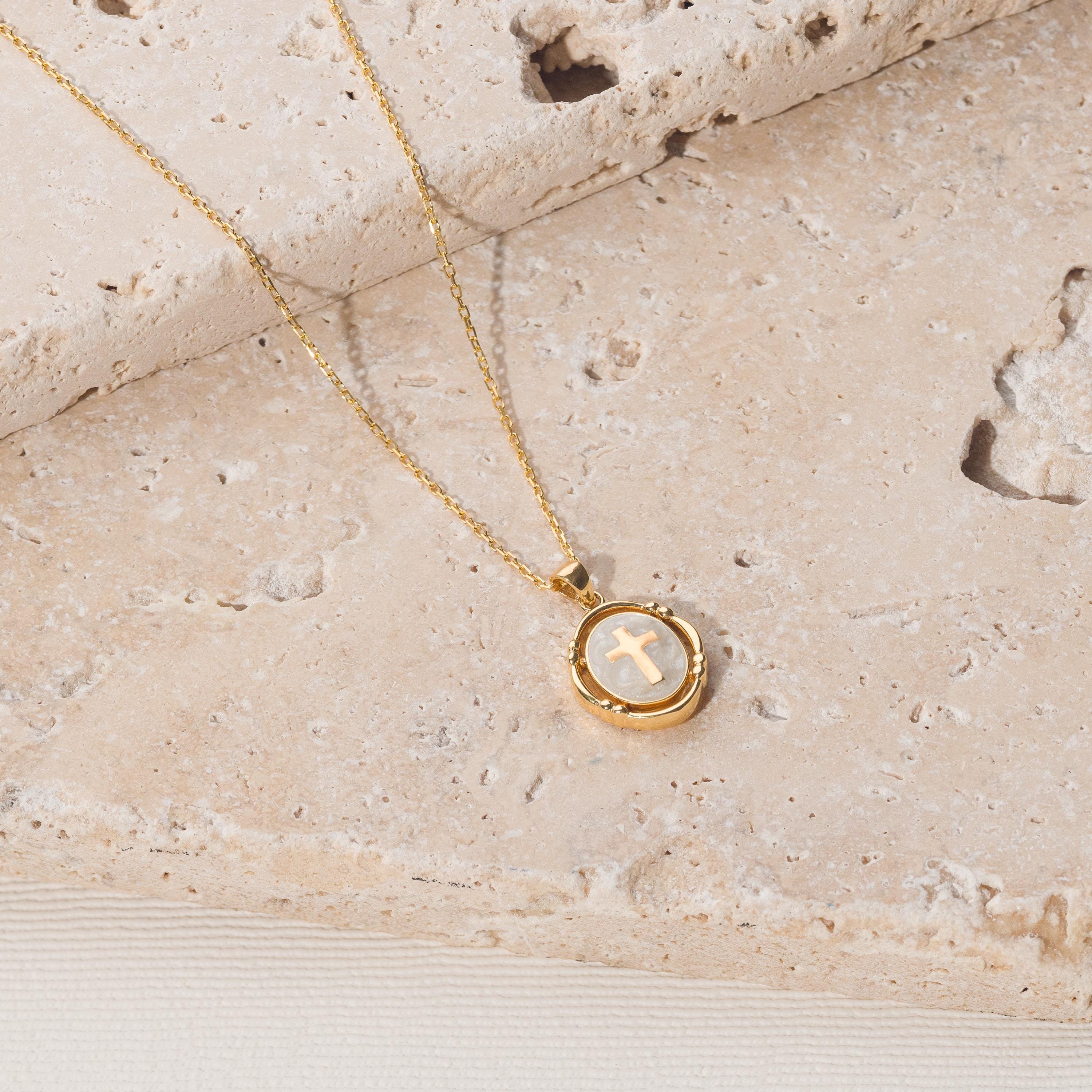 Pearl White Enamel Cross Necklace ,Gold Cross Pendant ,Religious Necklace ,Enamel Necklace , Christian Jewelry ,Christmas Gift,Birthday Gift