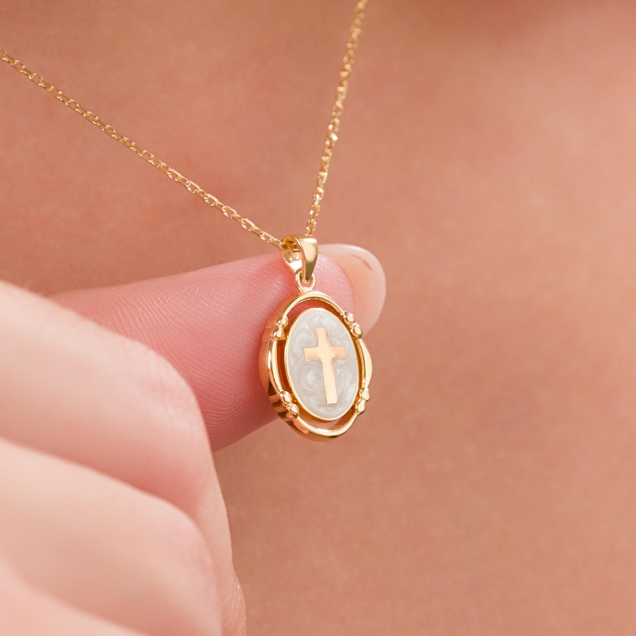 Pearl White Enamel Cross Necklace ,Gold Cross Pendant ,Religious Necklace ,Enamel Necklace , Christian Jewelry ,Christmas Gift,Birthday Gift