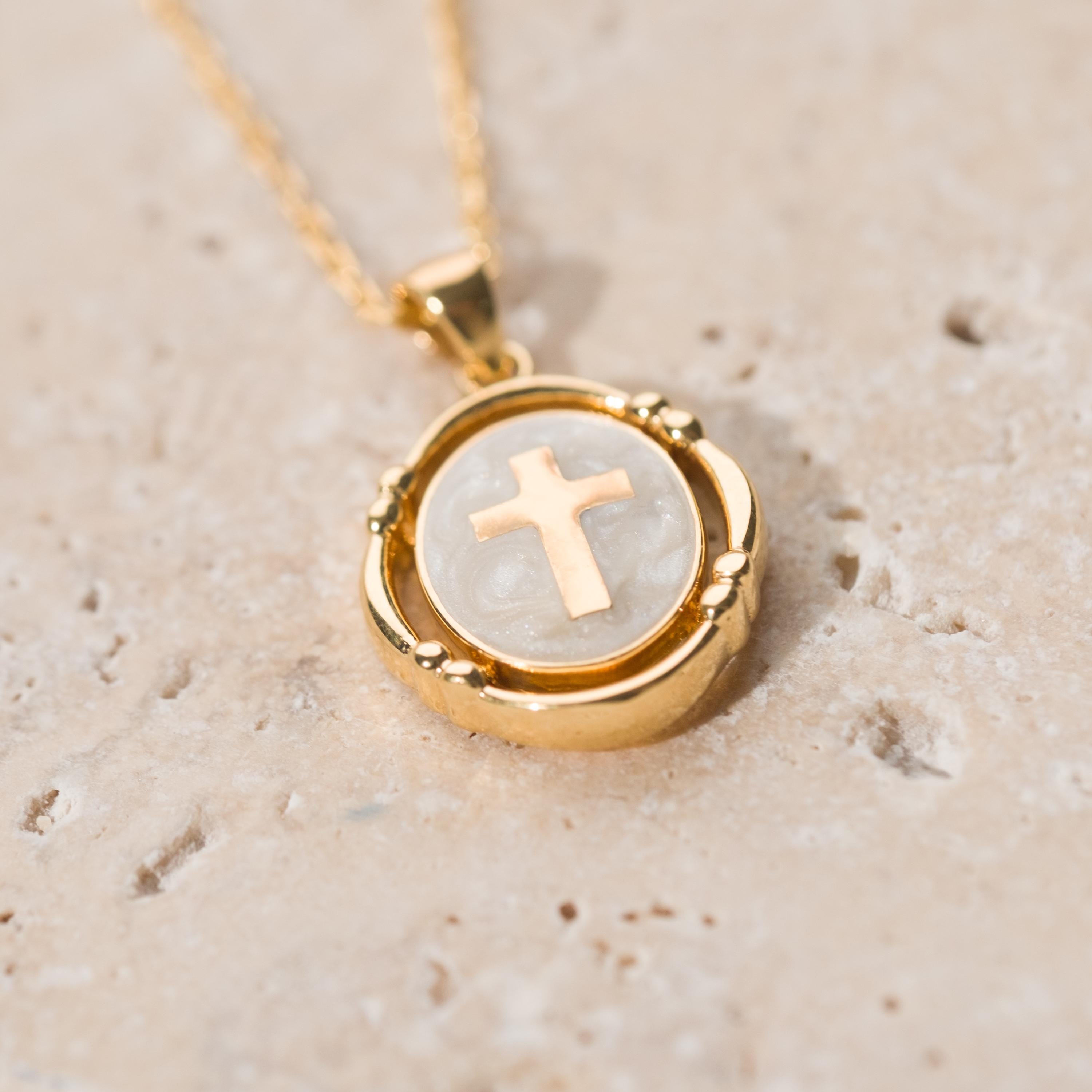 Pearl White Enamel Cross Necklace ,Gold Cross Pendant ,Religious Necklace ,Enamel Necklace , Christian Jewelry ,Christmas Gift,Birthday Gift
