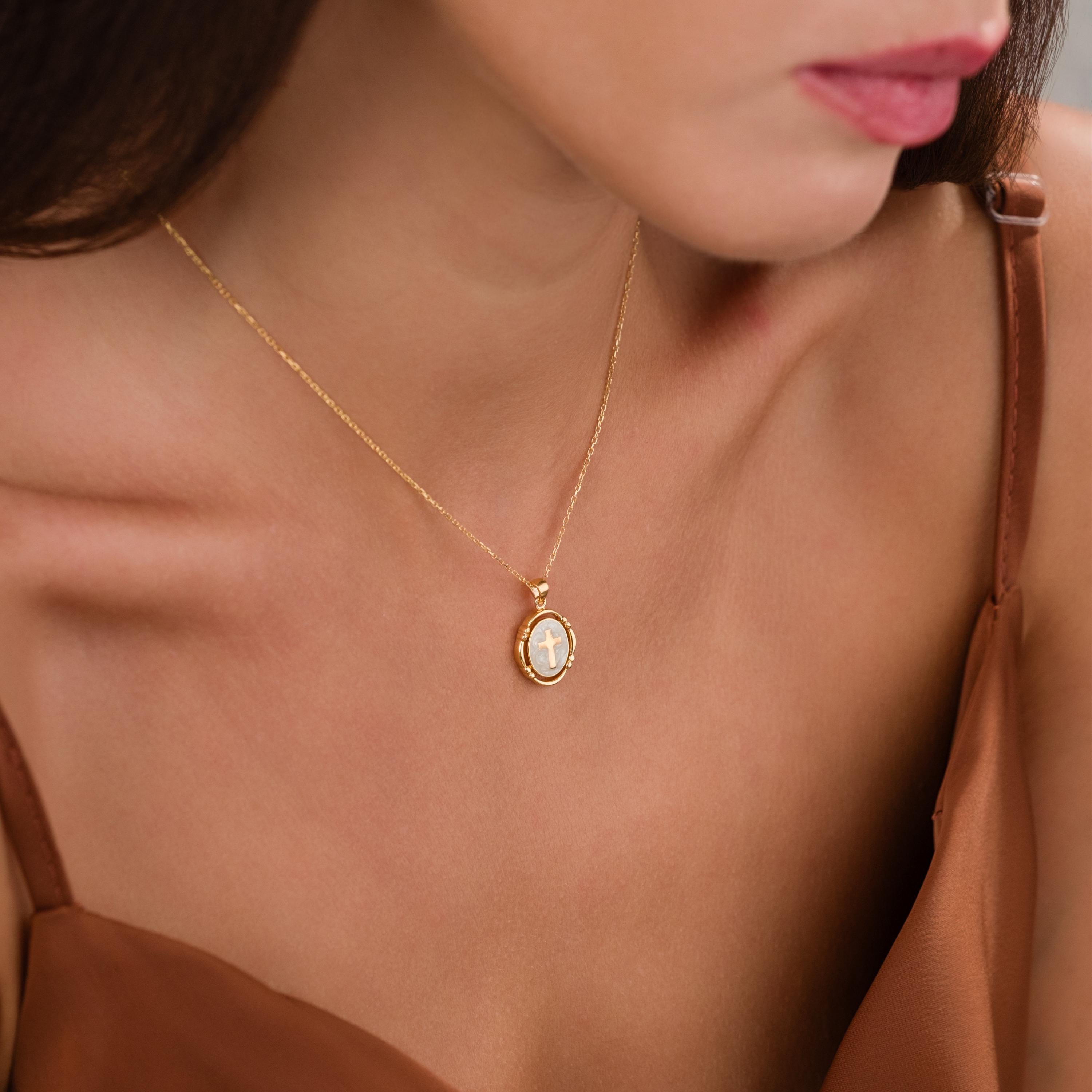 Pearl White Enamel Cross Necklace ,Gold Cross Pendant ,Religious Necklace ,Enamel Necklace , Christian Jewelry ,Christmas Gift,Birthday Gift