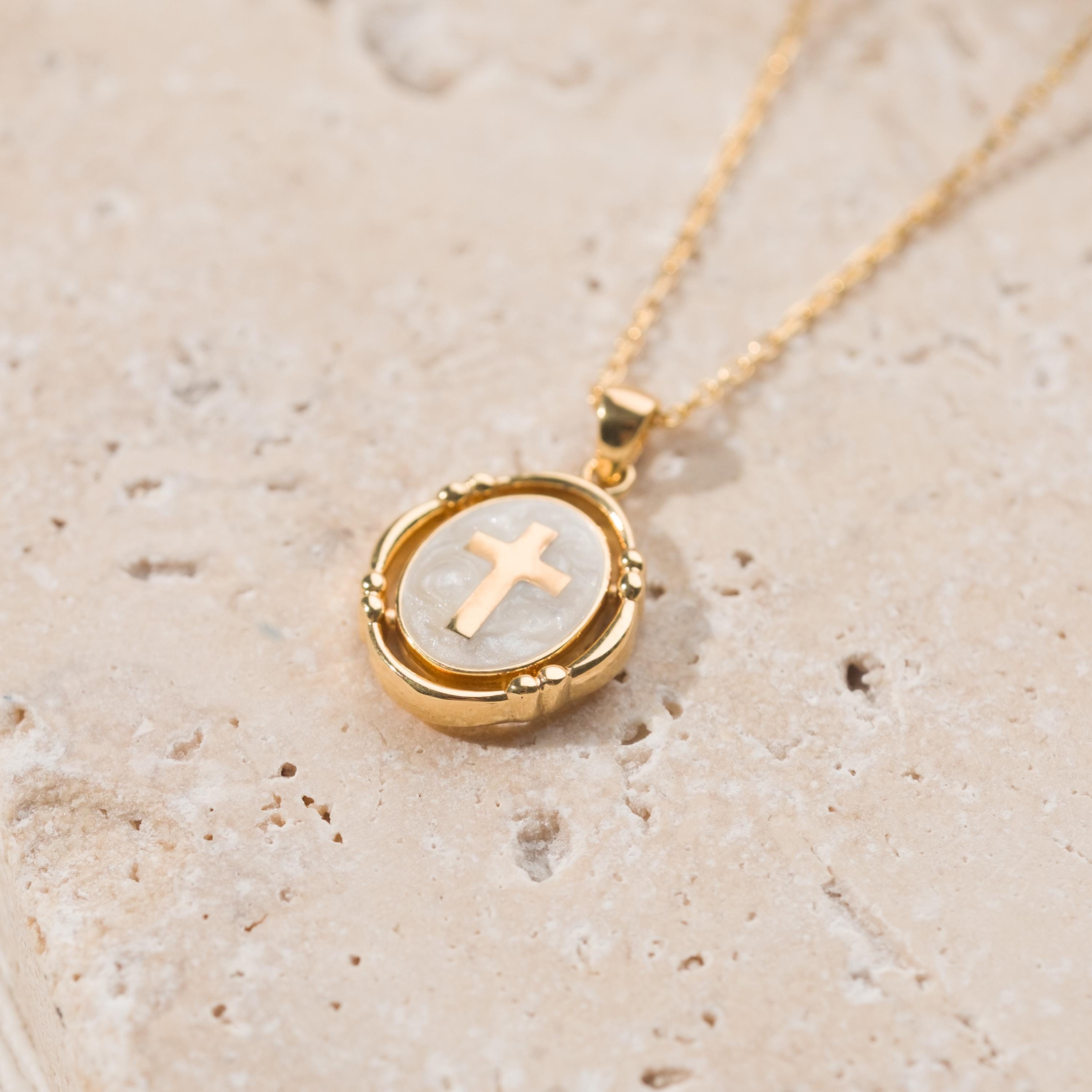 Pearl White Enamel Cross Necklace ,Gold Cross Pendant ,Religious Necklace ,Enamel Necklace , Christian Jewelry ,Christmas Gift,Birthday Gift