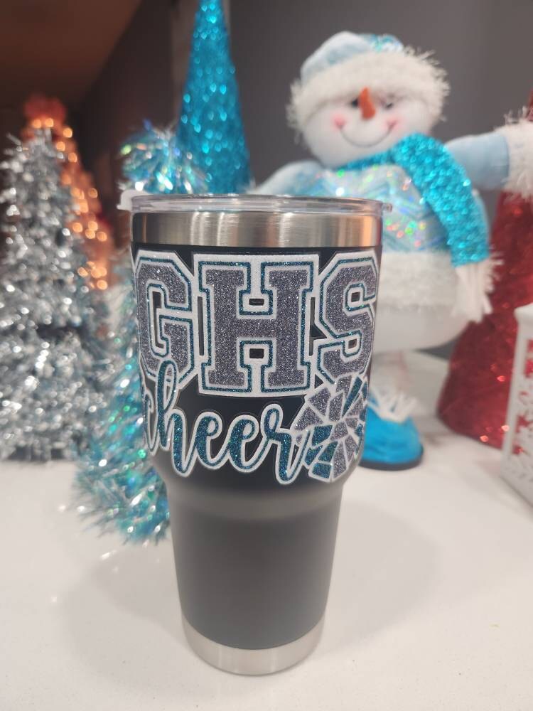 Cheer Glitter Stickers & Magnets - Personalized Cheerleader High School Letters and Pom Poms - Varsity JV Laptop Water Bottle Cups Tumblers
