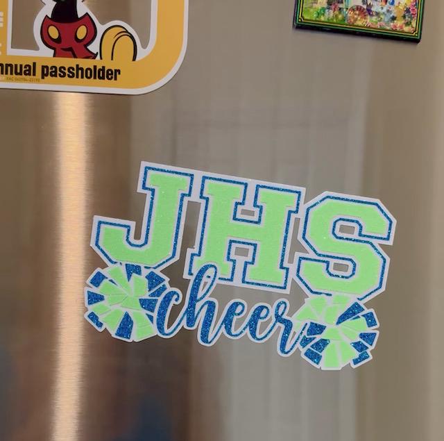 Cheer Glitter Stickers & Magnets - Personalized Cheerleader High School Letters and Pom Poms - Varsity JV Laptop Water Bottle Cups Tumblers