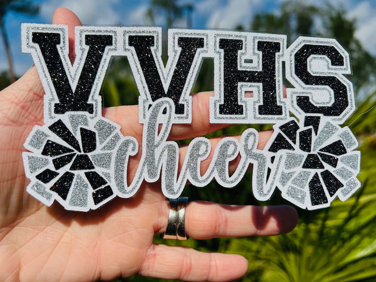 Cheer Glitter Stickers & Magnets - Personalized Cheerleader High School Letters and Pom Poms - Varsity JV Laptop Water Bottle Cups Tumblers