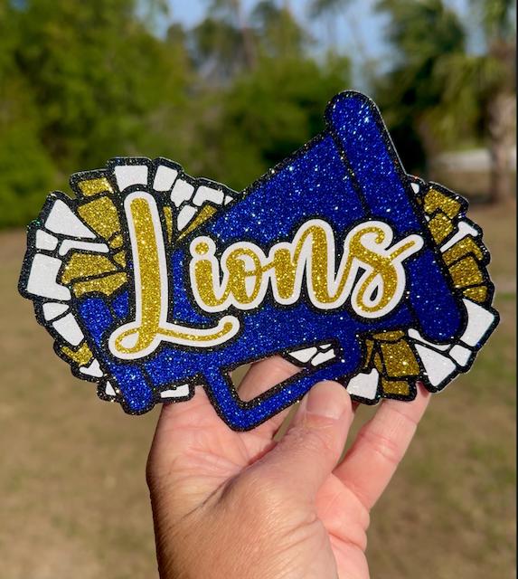 Cheer Glitter Stickers & Magnets - Cheerleader High School Team Name Megaphone Pom Poms - Varsity JV Laptop Water Bottle Cups Tumblers