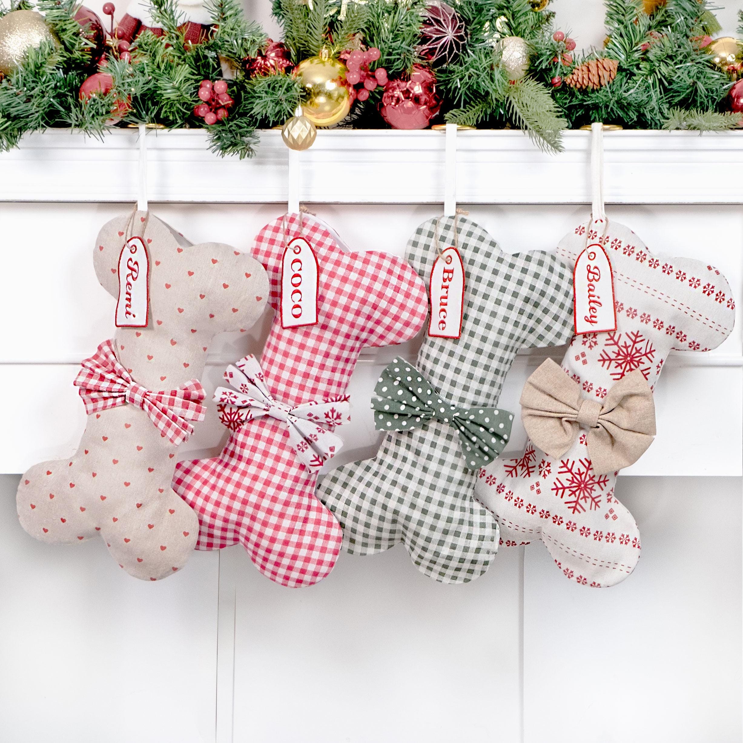Personalized Dog Christmas Stockings Pet Stockings with Name Tag Custom Holiday Stockings Embroidered Dog Bone Stockings for New Puppy Gifts