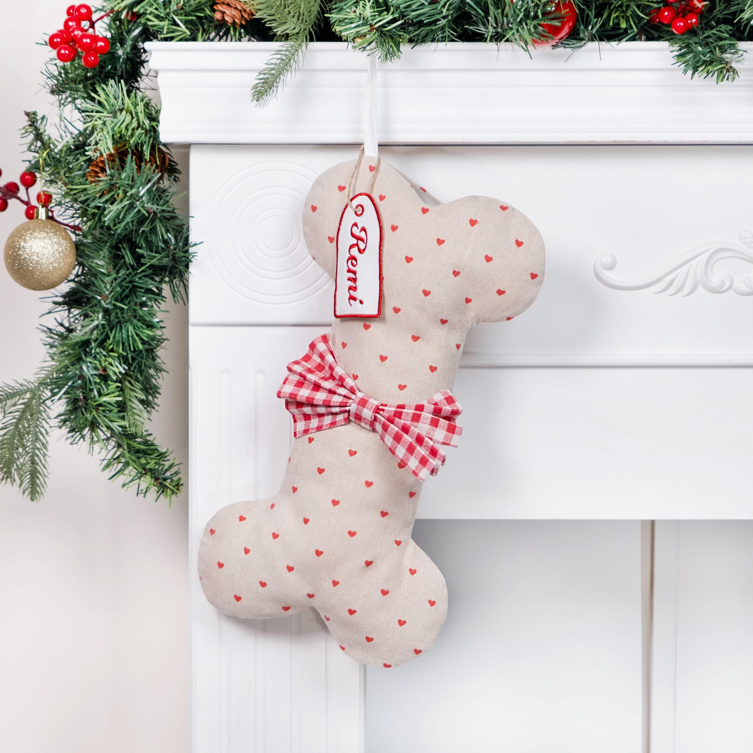 Personalized Dog Christmas Stockings Pet Stockings with Name Tag Custom Holiday Stockings Embroidered Dog Bone Stockings for New Puppy Gifts