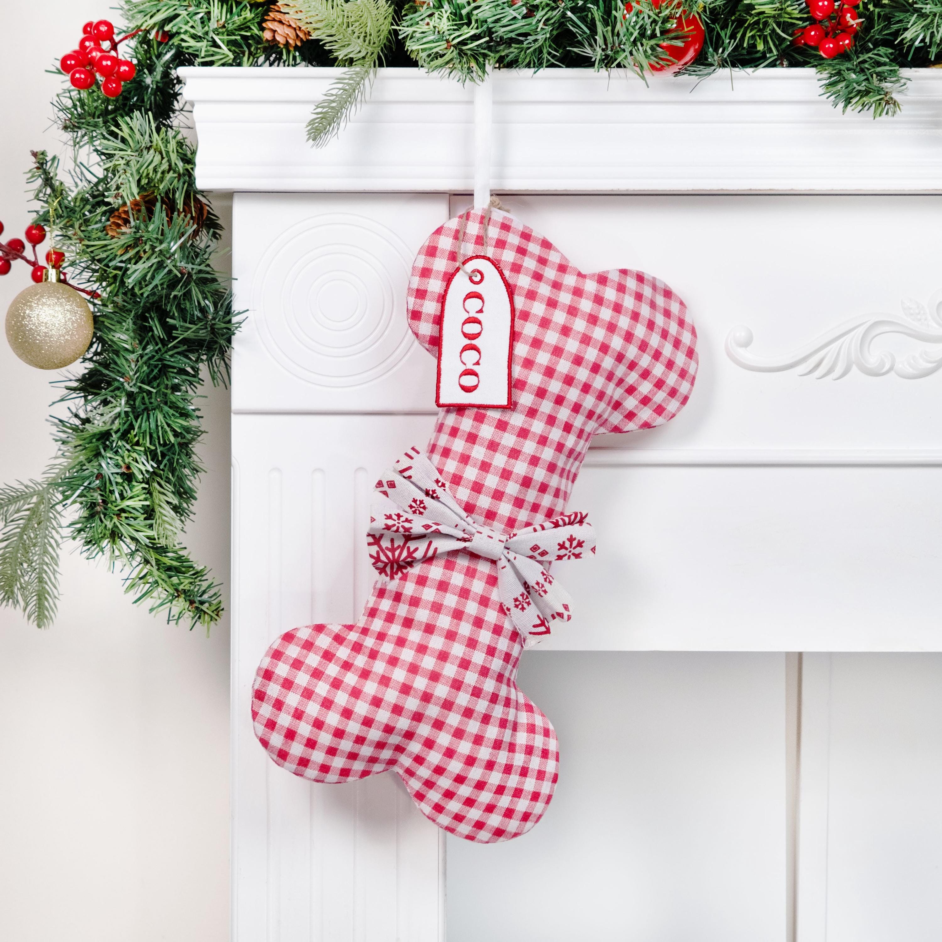 Personalized Dog Christmas Stockings Pet Stockings with Name Tag Custom Holiday Stockings Embroidered Dog Bone Stockings for New Puppy Gifts