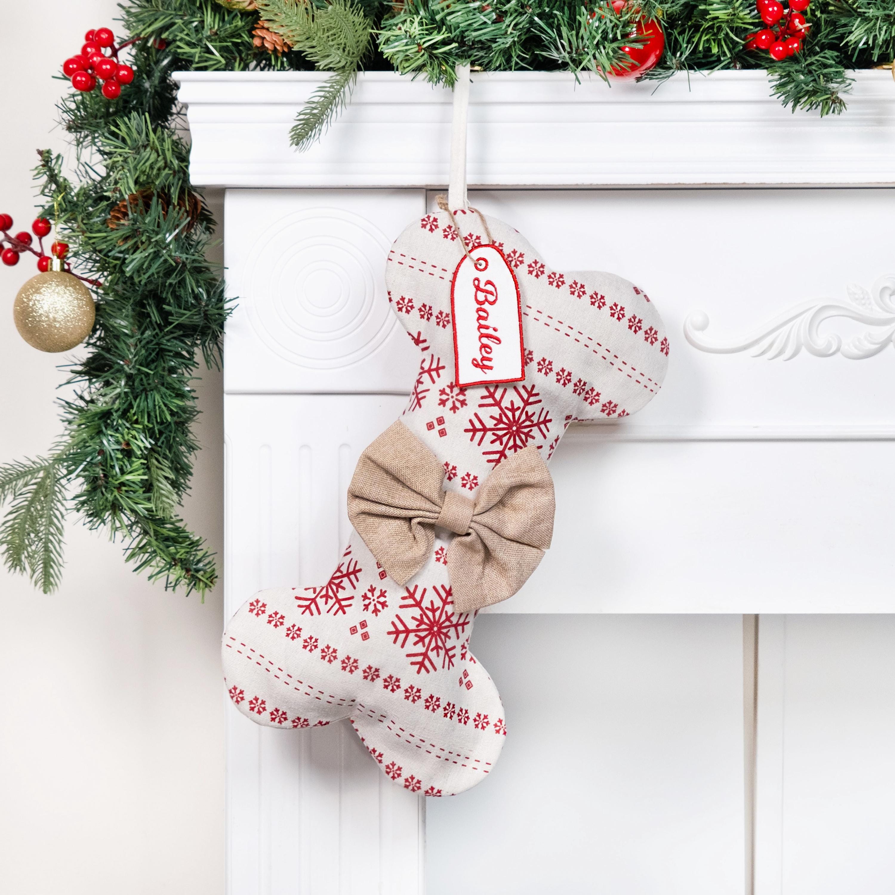 Personalized Dog Christmas Stockings Pet Stockings with Name Tag Custom Holiday Stockings Embroidered Dog Bone Stockings for New Puppy Gifts