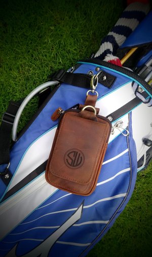 Personalised Leather golf valuables bag - Laser engraved text or logo. Belt bag, wallet, phone pouch, rangefinder. Wedding anniversary gift