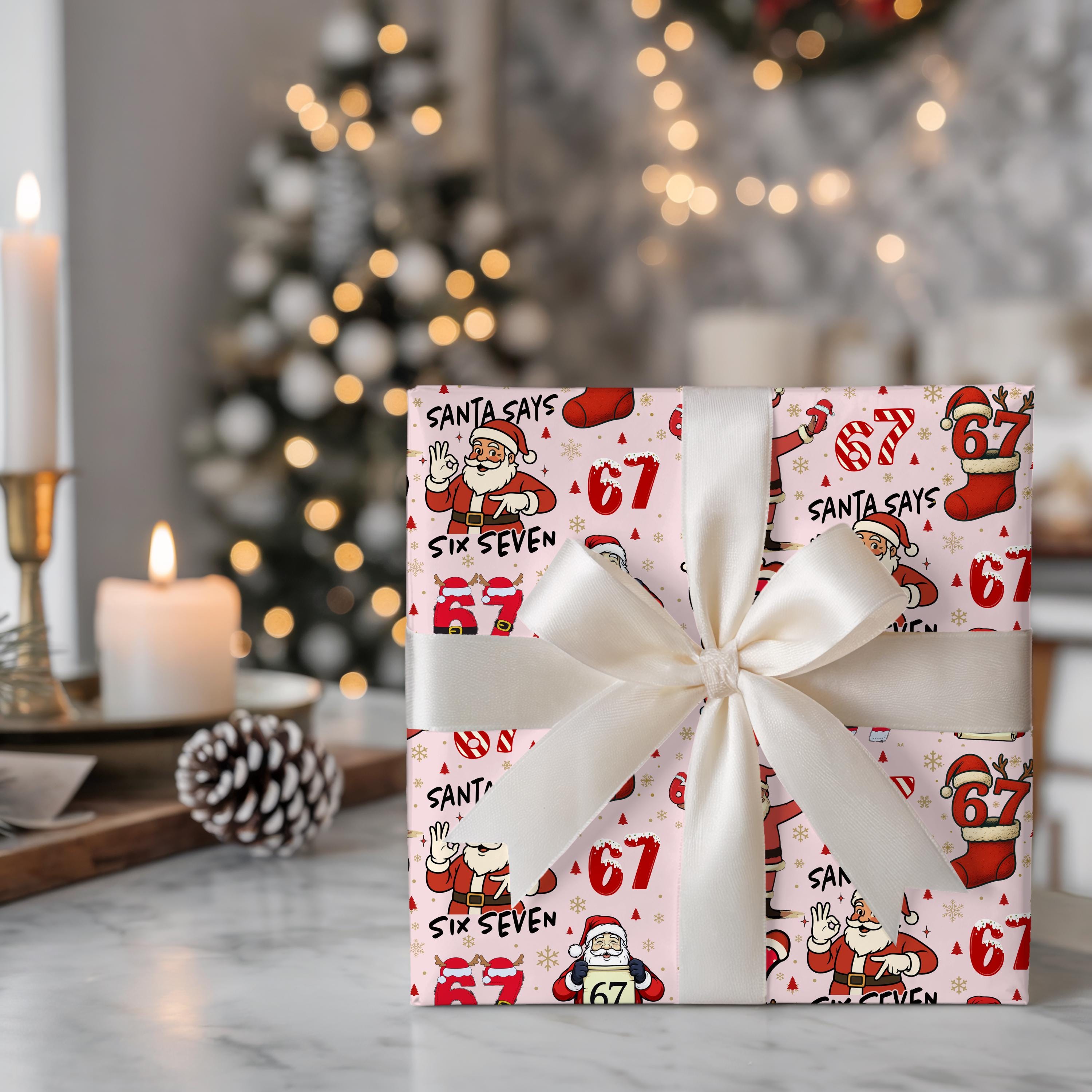 PINK Wrapping Papers, 67 Meme Funny Christmas Gift Wrap for Kids, Childrens Brain Rot, Funny Gift Idea, Holiday Wrapping Roll, Unique Gift