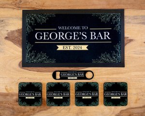 Custom Bar Accessory Set | Rubber Bar Mat, Premium Cork Coasters & Steel Bottle Opener Bar Blade | Personalised Name Runner Multiple Colours