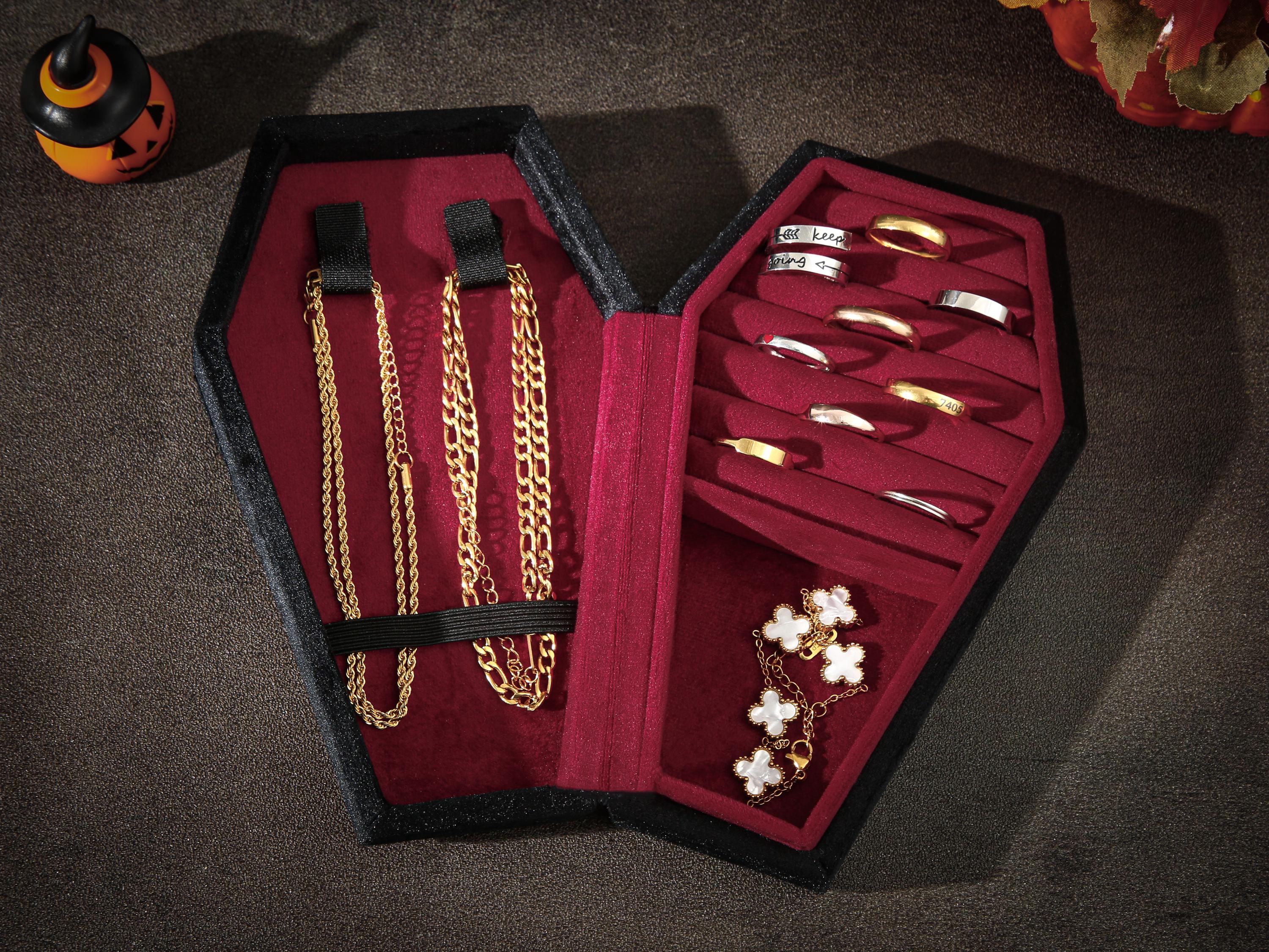 Personalized Halloween Velvet Jewelry Box, Coffin Halloween Jewelry Box, Gothic Jewelry Organizer, Custom Coffin Jewelry Box, Halloween Gift