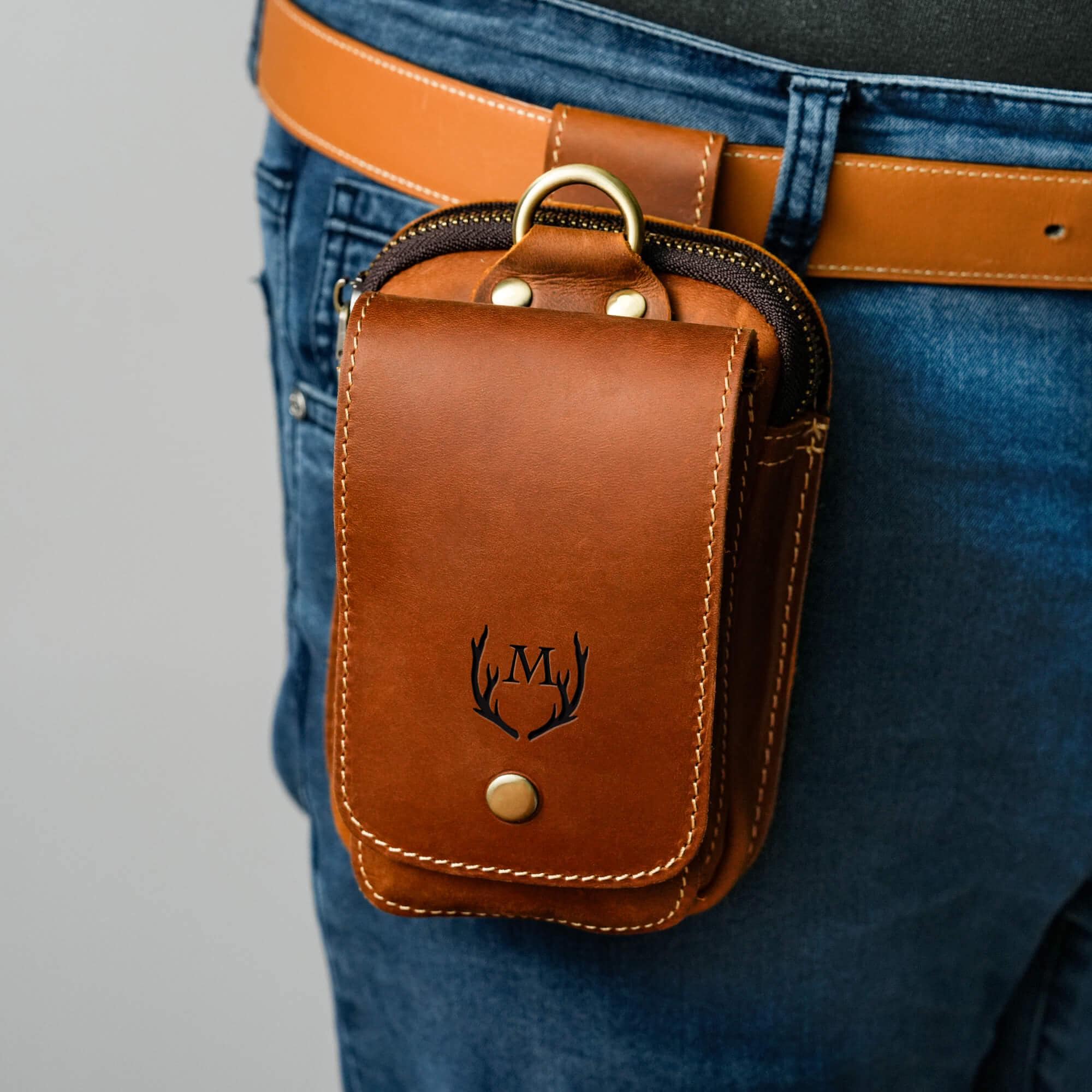 Personalized Leather Belt Bag: Utility Phone Pouch, Hiking Gift