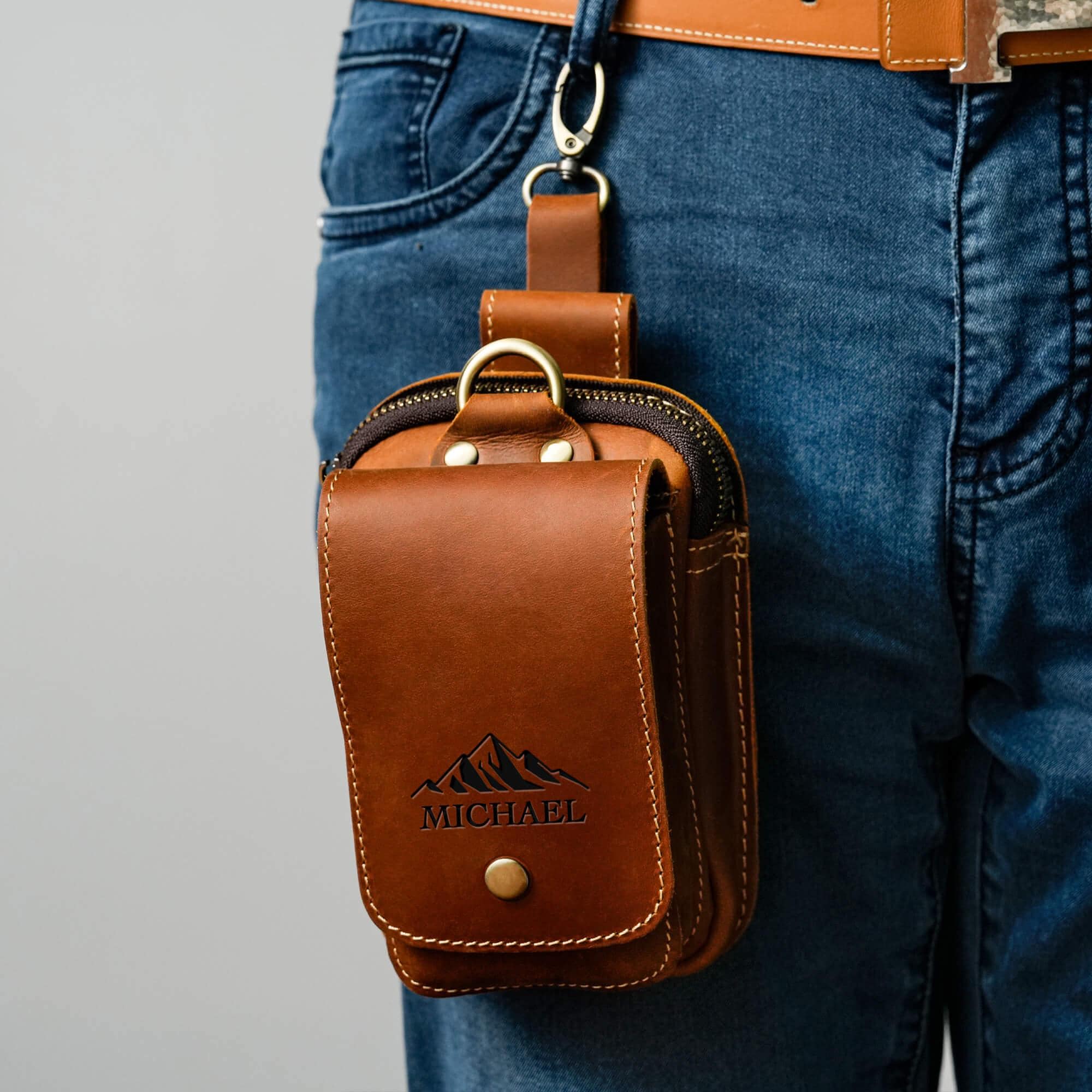 Personalized Leather Belt Bag: Utility Phone Pouch, Hiking Gift