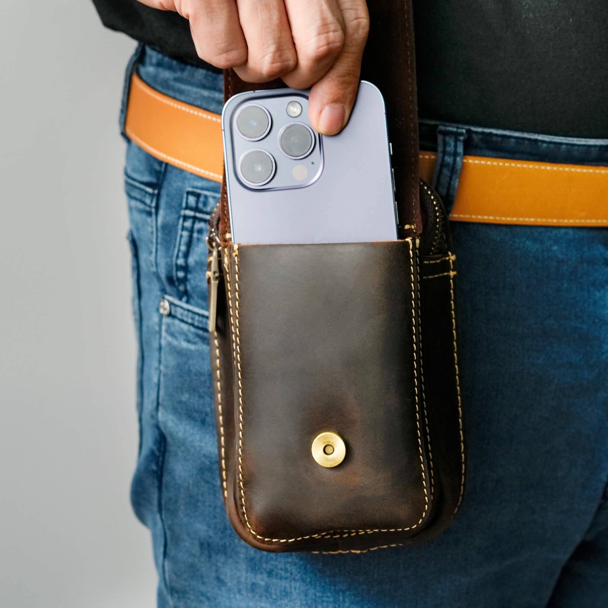 Personalized Leather Belt Bag: Utility Phone Pouch, Hiking Gift