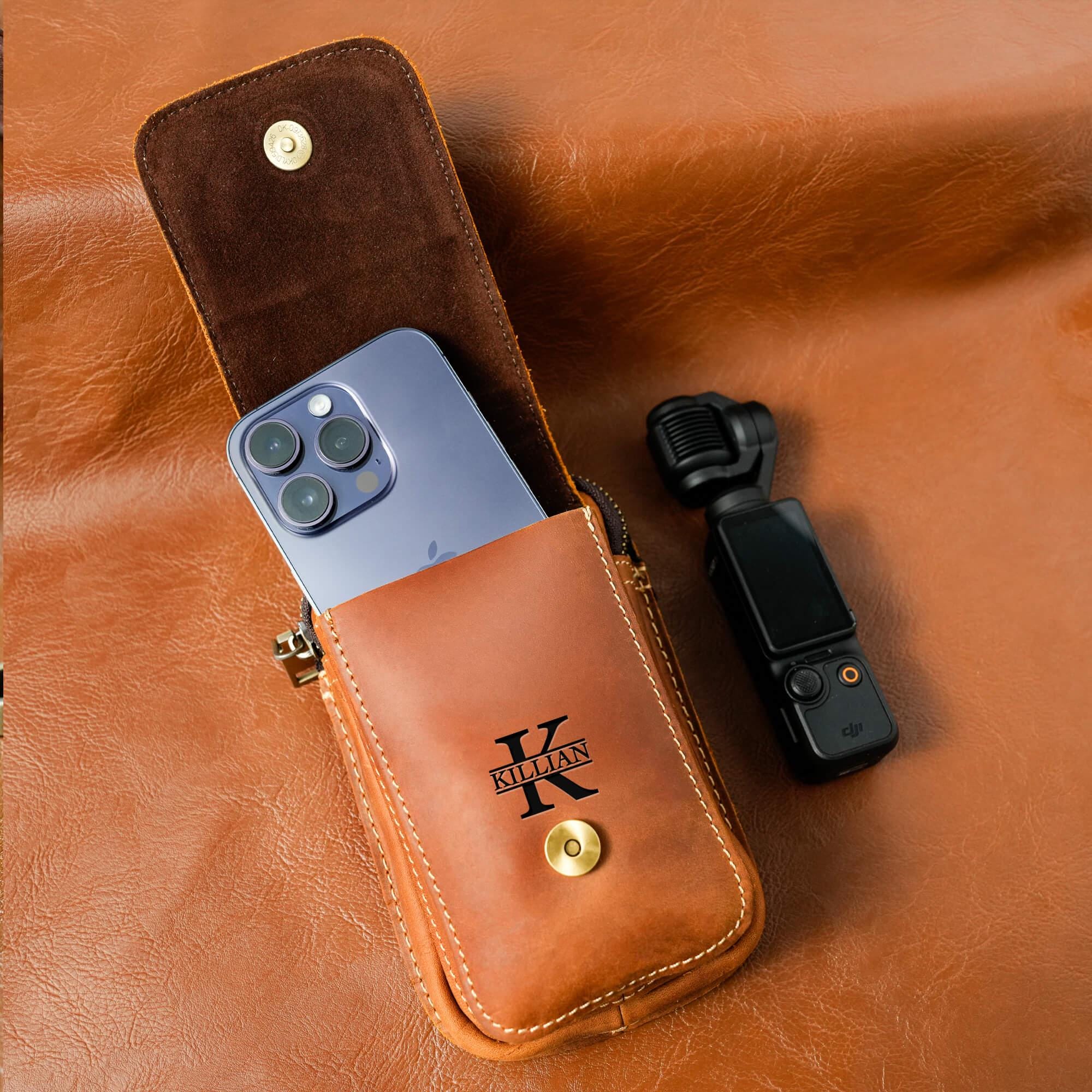 Personalized Leather Belt Bag: Utility Phone Pouch, Hiking Gift