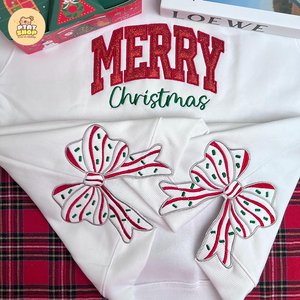 Merry Christmas Side Bow Embroidered Sweatshirt, Glitter applique shirt, Christmas Side Bow, women Christmas Sweatshirt, merry sweatshirt