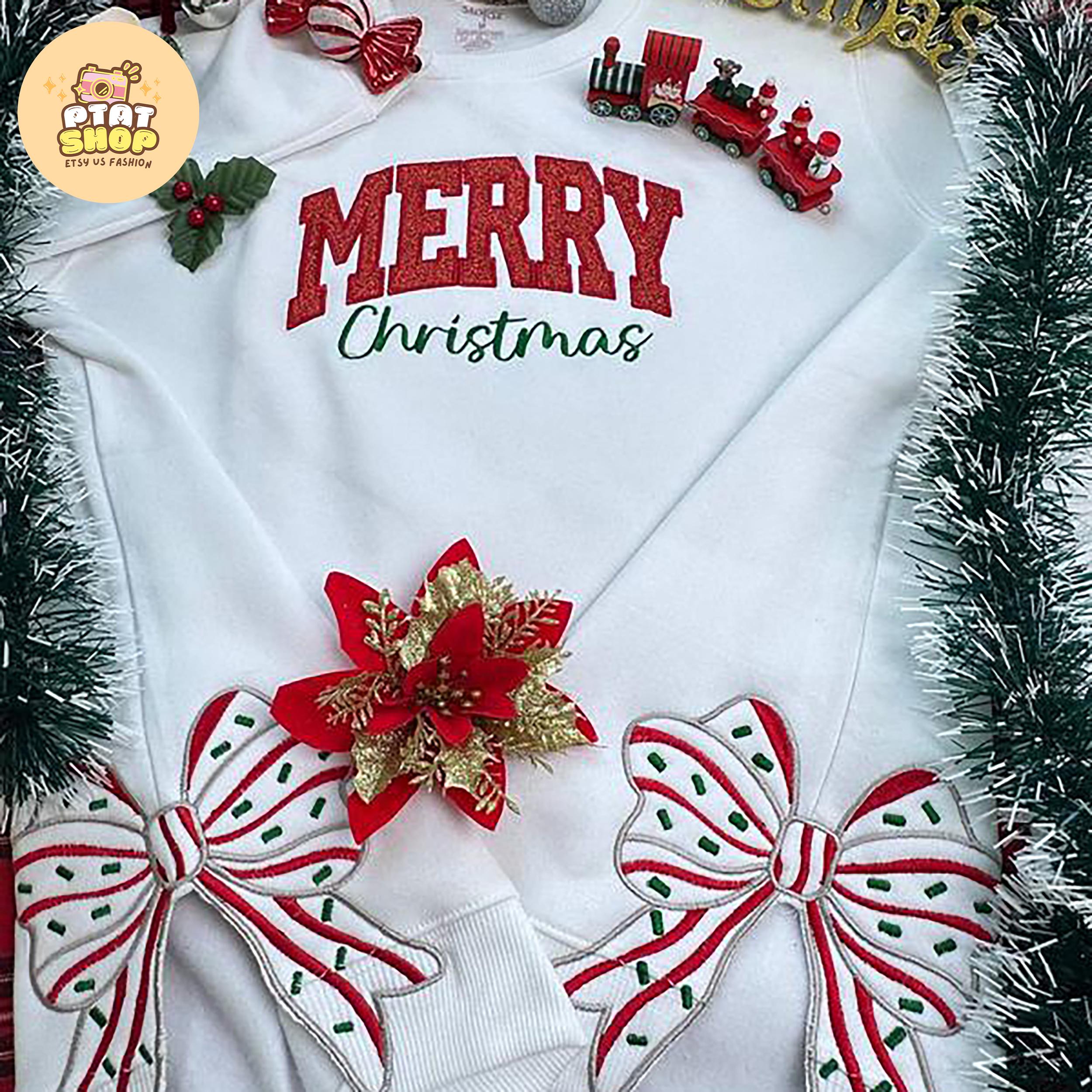 Merry Christmas Side Bow Embroidered Sweatshirt, Glitter applique shirt, Christmas Side Bow, women Christmas Sweatshirt, merry sweatshirt