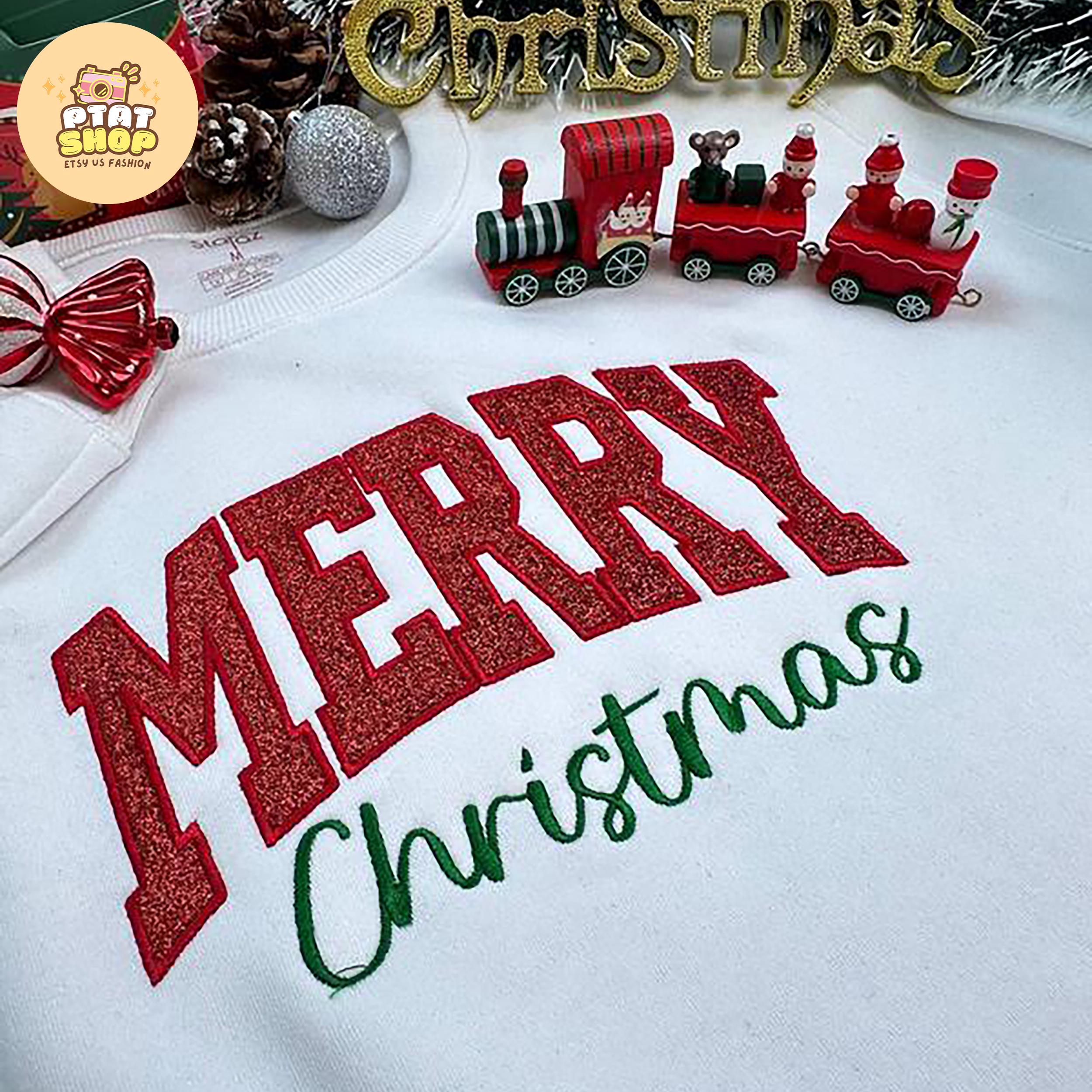 Merry Christmas Side Bow Embroidered Sweatshirt, Glitter applique shirt, Christmas Side Bow, women Christmas Sweatshirt, merry sweatshirt