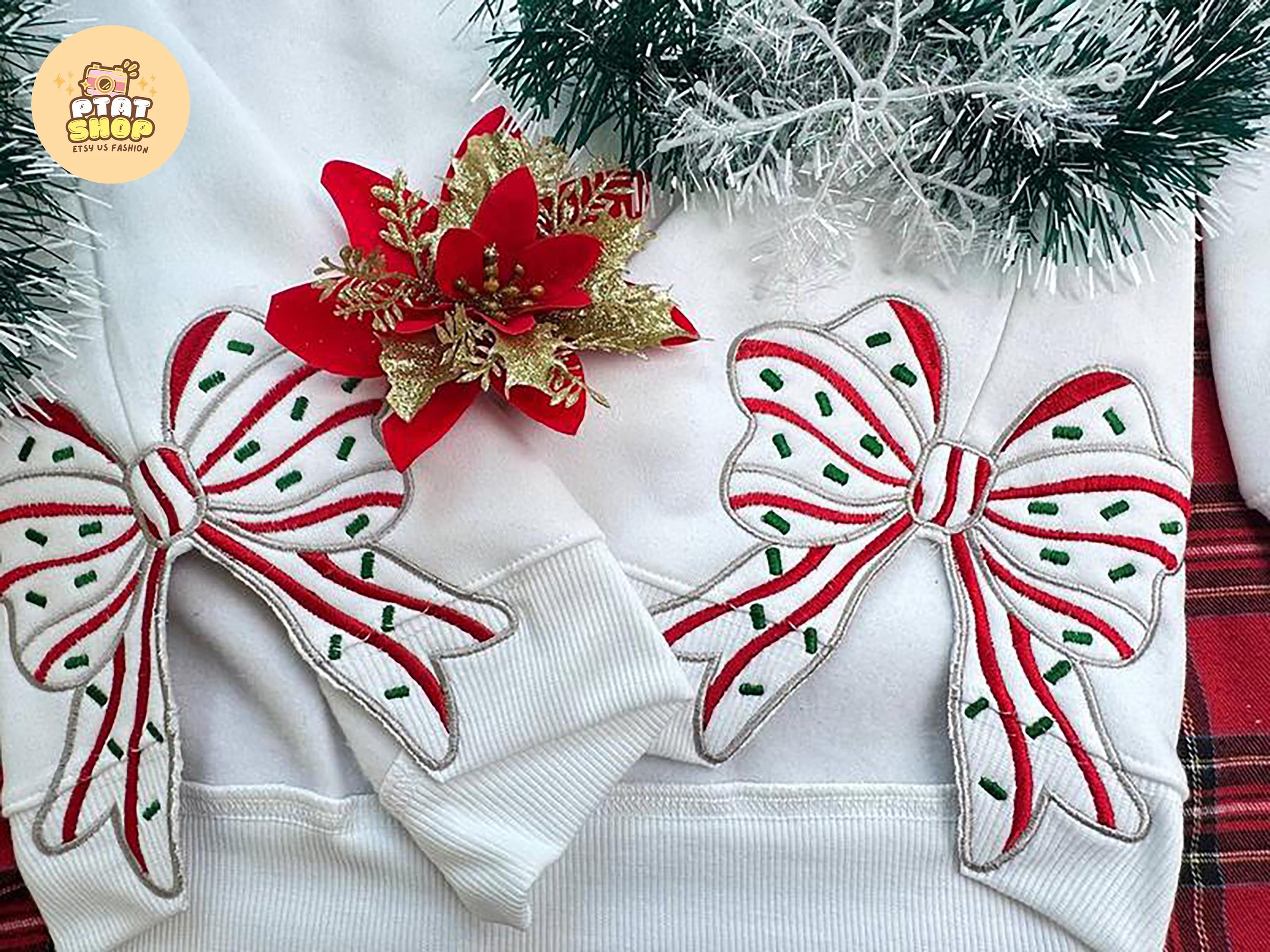 Merry Christmas Side Bow Embroidered Sweatshirt, Glitter applique shirt, Christmas Side Bow, women Christmas Sweatshirt, merry sweatshirt