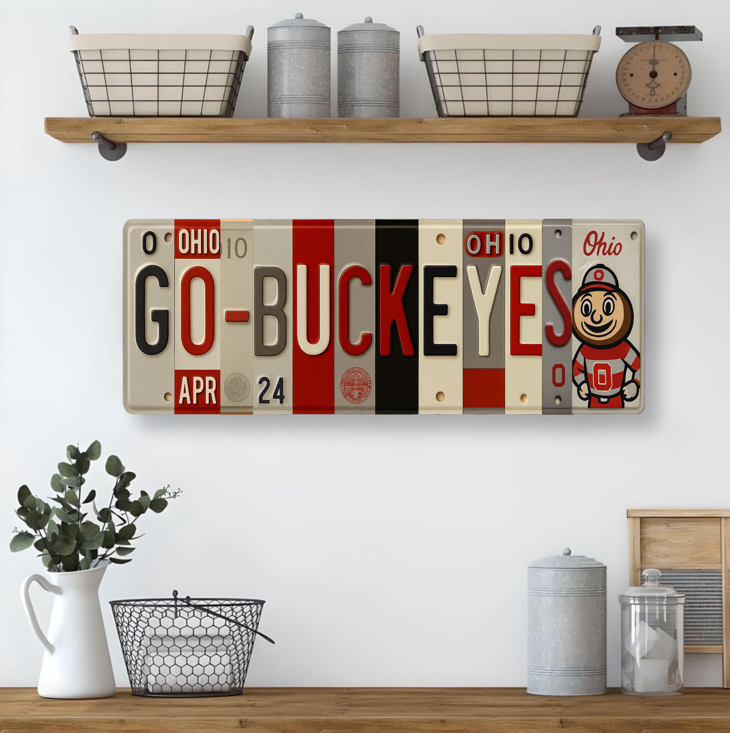 Go-Buckeyes License Plate Sign – Ohio State Buckeyes Metal Wall Art | OSU, Scarlet and Gray Fan Cave, Dorm & Game Day Decor (16×6)
