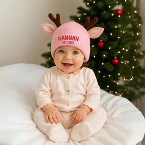 Reindeer Baby Beanie, Custom Knit Christmas Hat with Name, Baby Winter Beanie, Christmas Gift for Baby Boys & Girls