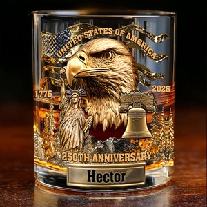 Personalized Gold Eagle 250th Anniversary Whiskey Glass with Name, 1776-2026 Whiskey Cup, Birthday/Christmas Gift for Him/Patriots