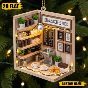 Custom Coffee Shop Ornament | Personalized Barista Decor | Flat Acrylic Café Xmas Ornament | Name Gift for Coffee Lover, Friend, Coworker