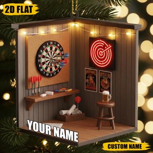 Dart Room Ornament | Custom Name Acrylic Gift | Flat Darts Bar Decor | Personalized Xmas Ornament for Game Room, Man Cave, or Pub Fan