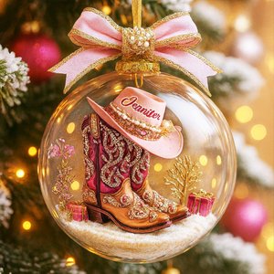 Personalized Pink Boot Christmas Snow Ornament with Name, Cowboy Cowgirl Horseback Riding Ornament, Horse Racing Decor, Christmas Gifts for Cowgirl