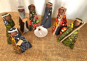 African Nativity Dark Skin Christmas 8 piece set Handmade Recycled Materials 4-5 inch Dar es Salaam Tanzania Disability Awareness Workshop