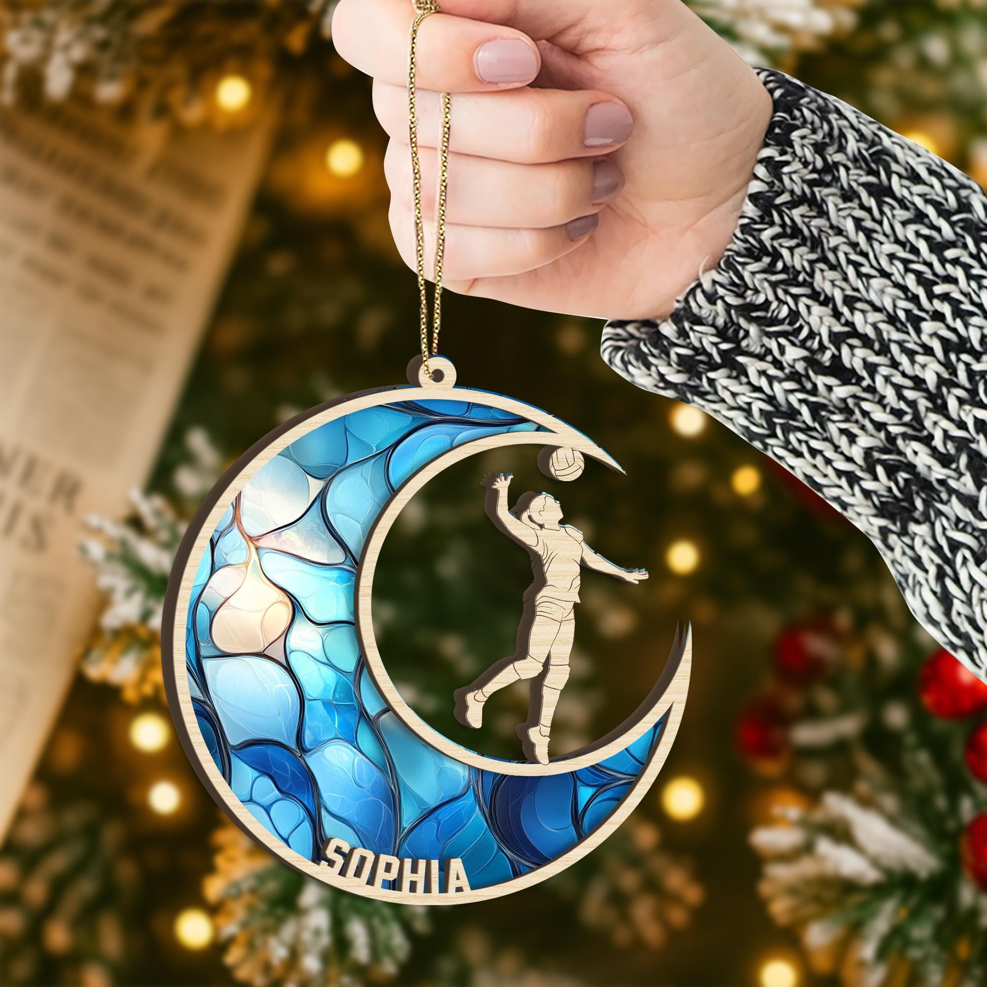 Personalized Volleyball Layered Wood Ornament, Custom Volleyball Moon Christmas Ornament, Sport Xmas Home Decor, Gift for Daughter, Team