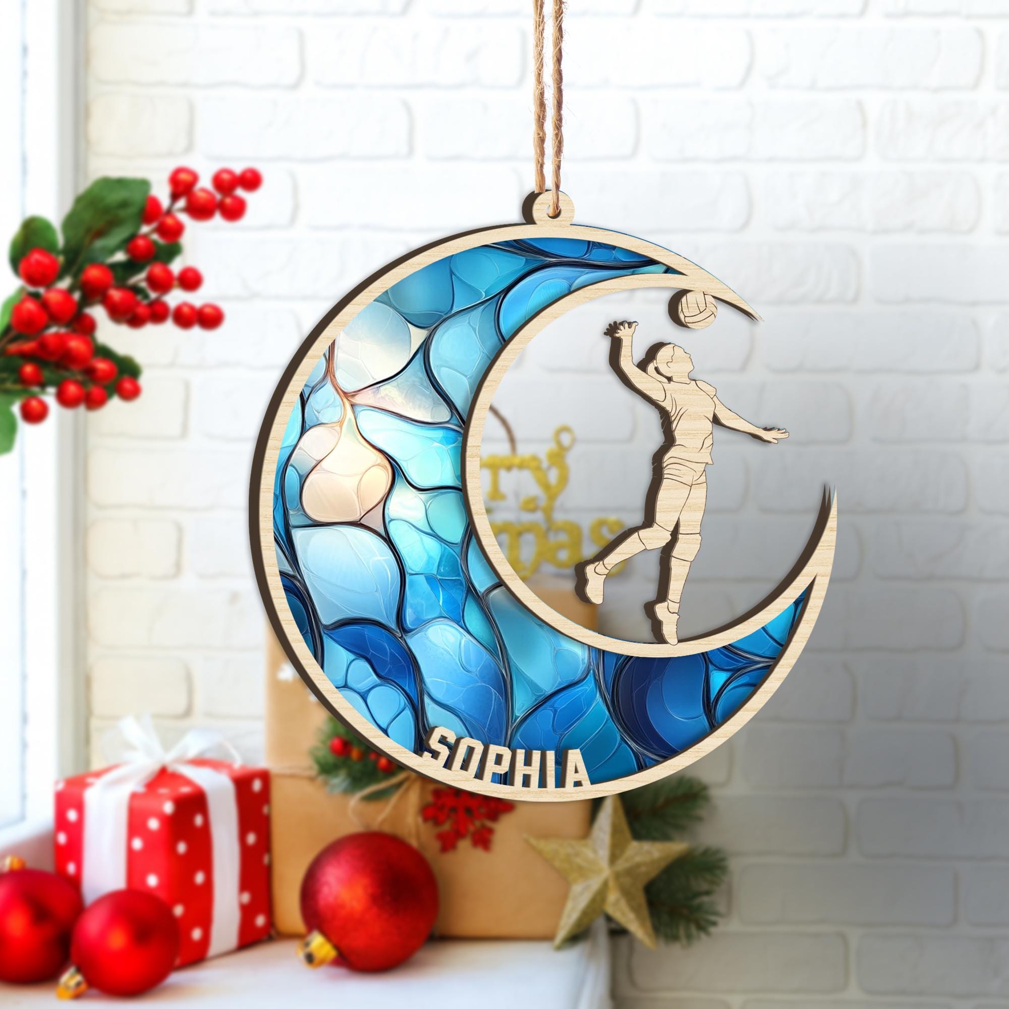 Personalized Volleyball Layered Wood Ornament, Custom Volleyball Moon Christmas Ornament, Sport Xmas Home Decor, Gift for Daughter, Team