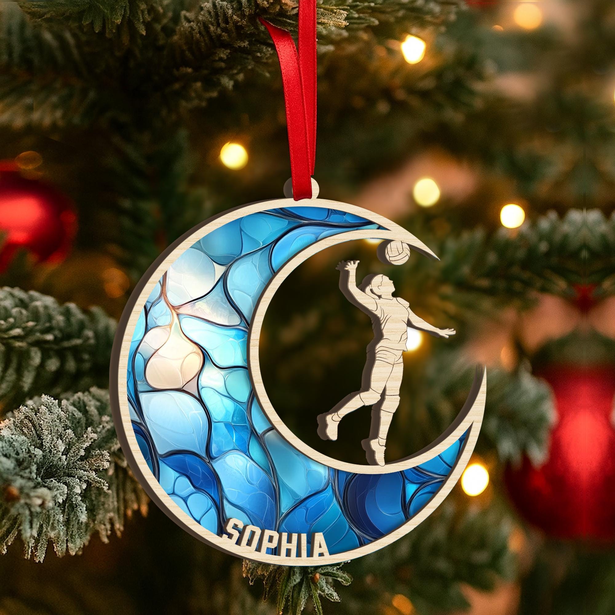Personalized Volleyball Layered Wood Ornament, Custom Volleyball Moon Christmas Ornament, Sport Xmas Home Decor, Gift for Daughter, Team