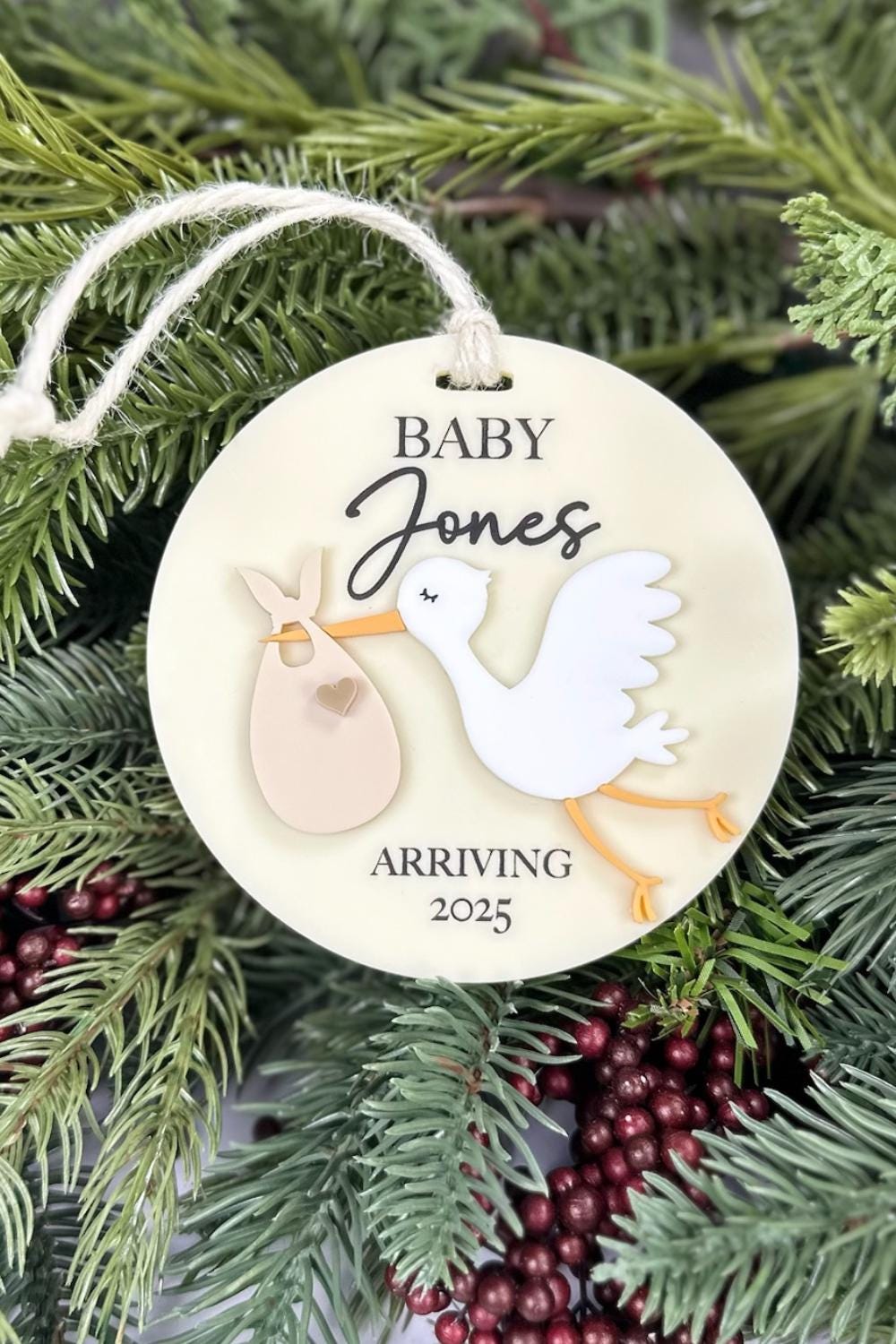 Personalized Baby Coming Next Year Ornament, New Baby Arriving 2025 2026, Stork Delivery, Custom Ornament, Christmas Gifts and Tree Decor