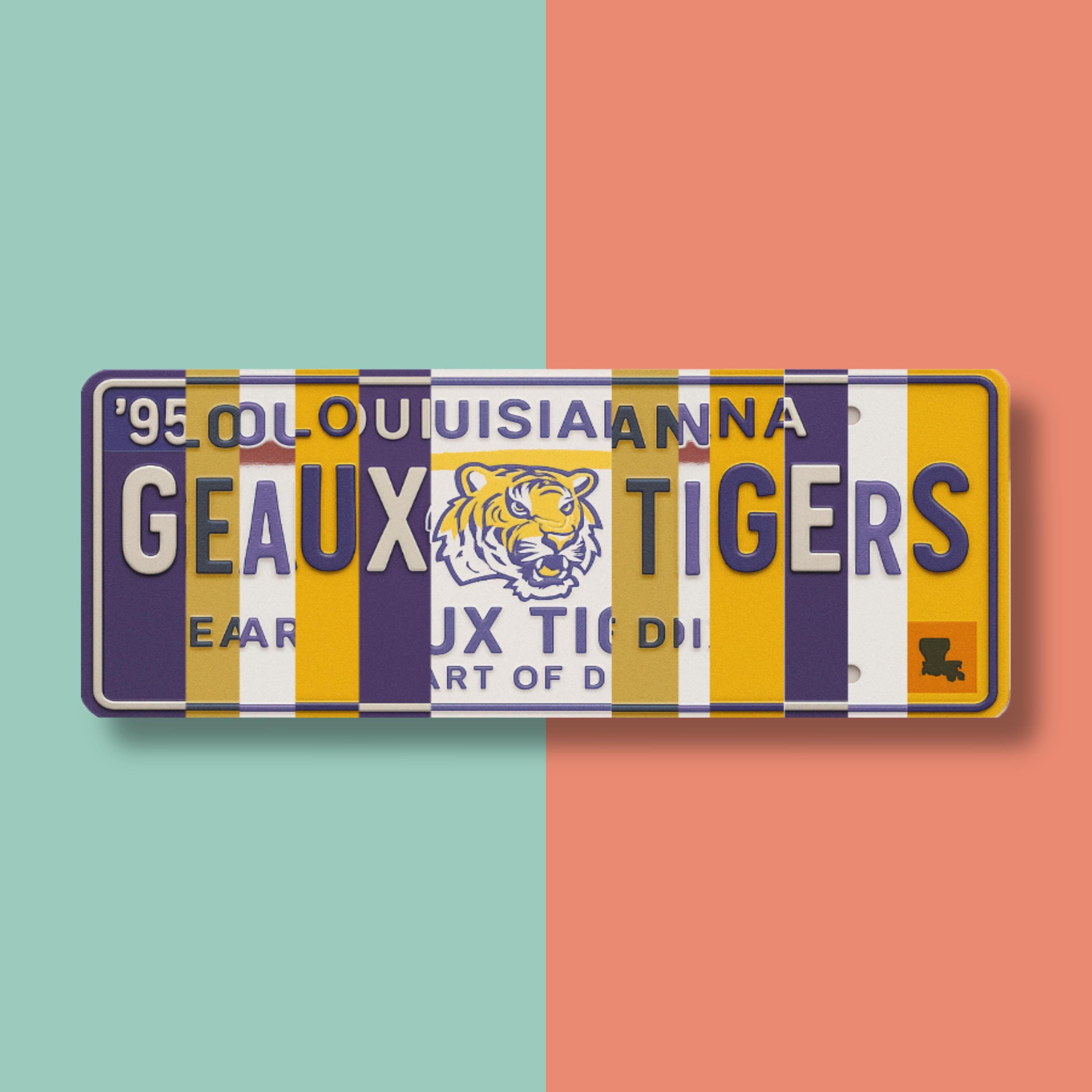 Geaux Tigers License Plate Sign – LSU Tigers Metal Wall Art | Purple and Gold Fan Cave, Dorm Room & Game Day Decor (16×6)