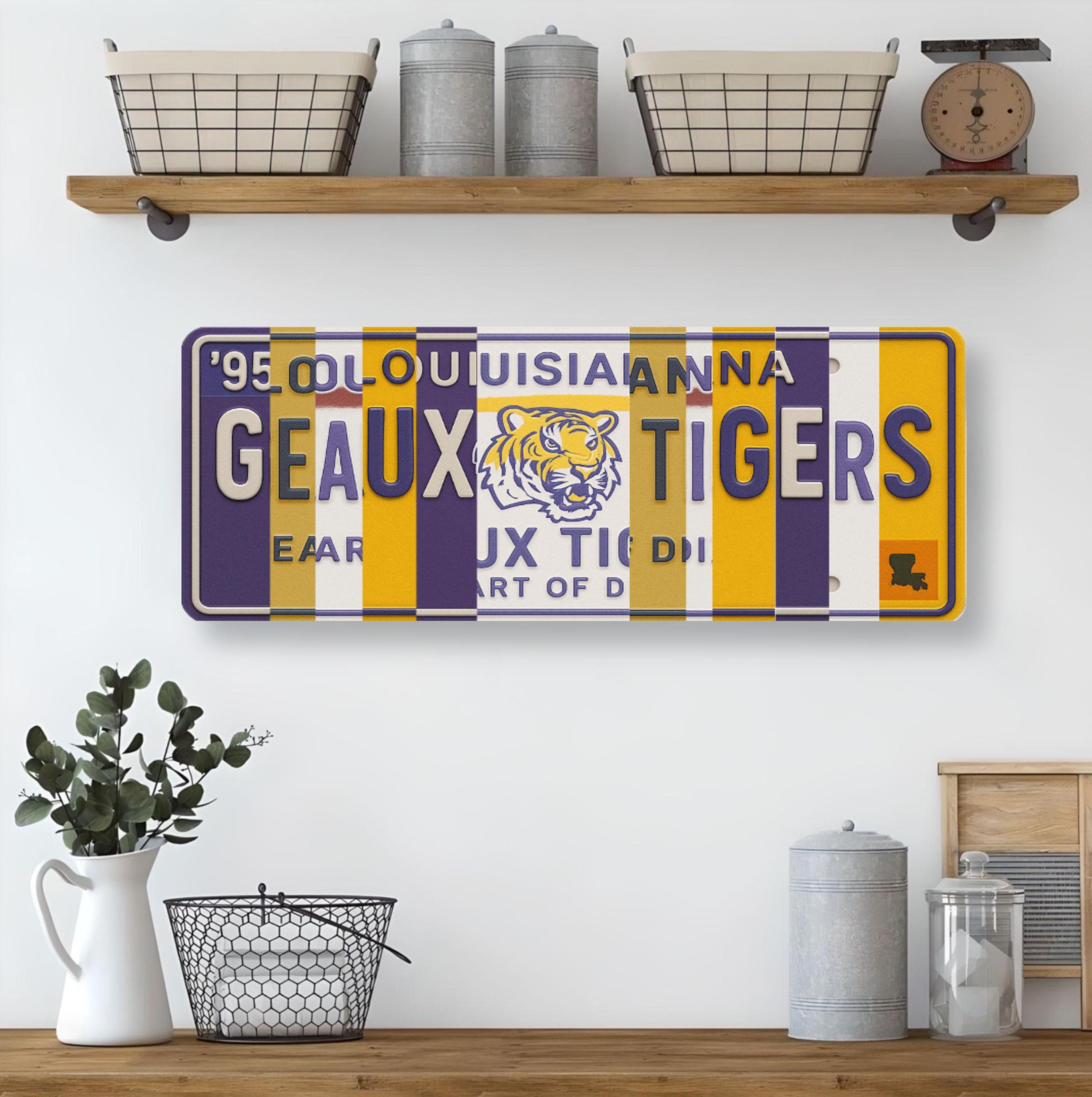 Geaux Tigers License Plate Sign – LSU Tigers Metal Wall Art | Purple and Gold Fan Cave, Dorm Room & Game Day Decor (16×6)