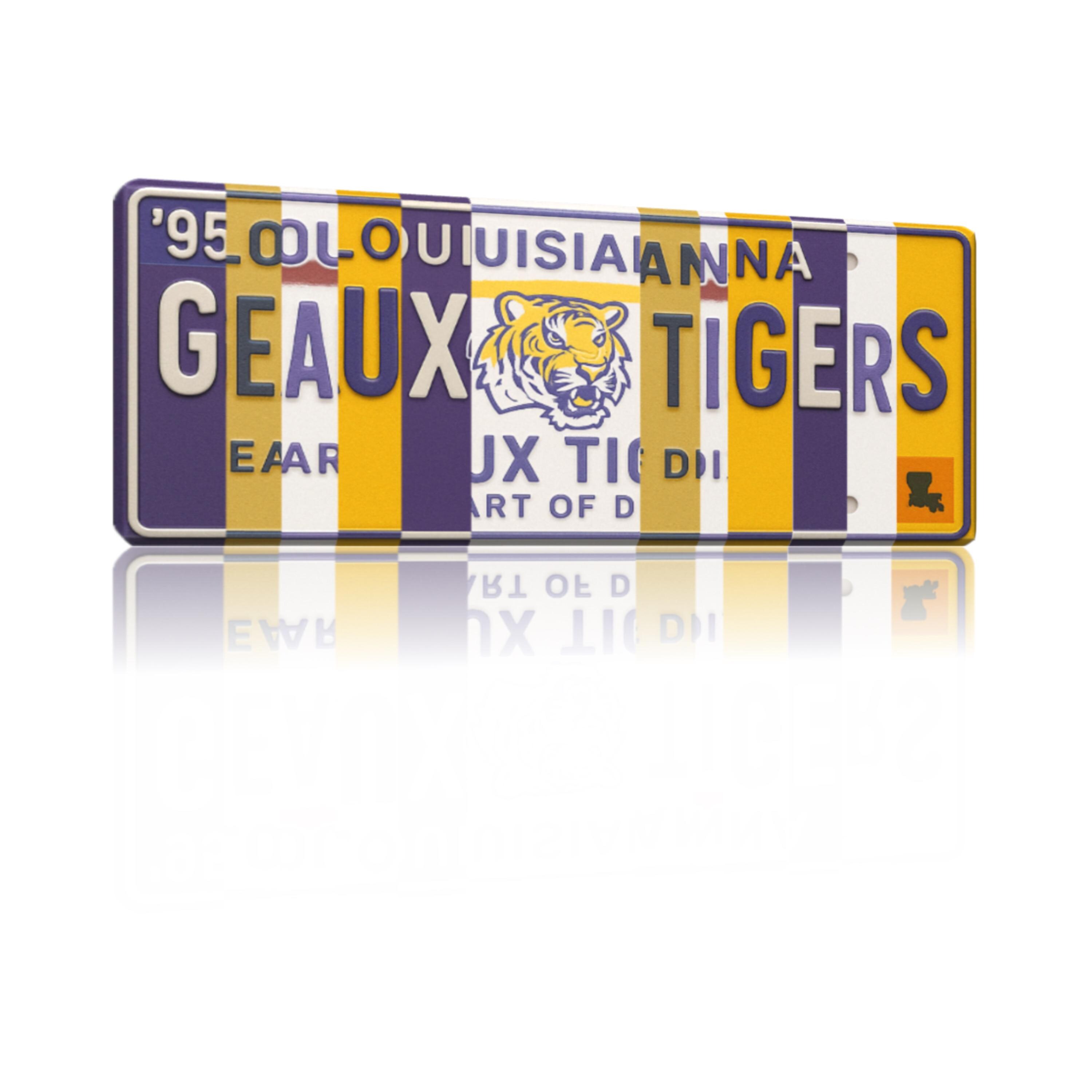 Geaux Tigers License Plate Sign – LSU Tigers Metal Wall Art | Purple and Gold Fan Cave, Dorm Room & Game Day Decor (16×6)