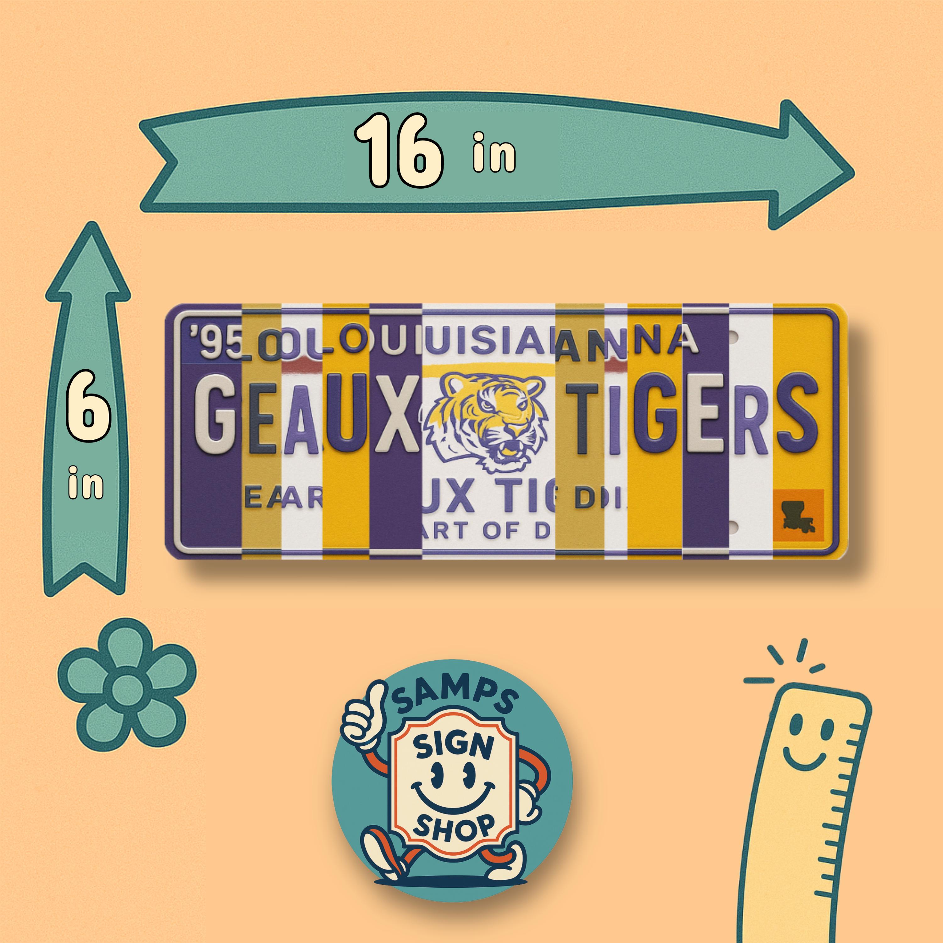 Geaux Tigers License Plate Sign – LSU Tigers Metal Wall Art | Purple and Gold Fan Cave, Dorm Room & Game Day Decor (16×6)