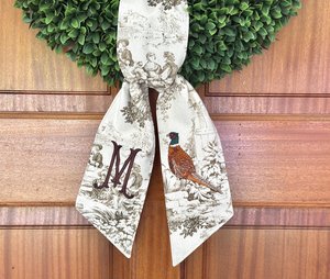 Personalized Taupe Toile Pheasant Wreath Sash: Grandmillennial Fall Decor