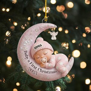 Personalized Baby’s First Christmas Ornament with Name, Moon Sleeping 2-Sided Acrylic Keepsake, Holiday Decoration, Newborn Gift, Baby Gift Idea