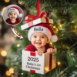Custom Baby's 1st Christmas Gift Box Ornament with Photo and Name, Holiday Tree Hanging Decor, Xmas Keepsake, Funny First Christmas Gift for Newborn