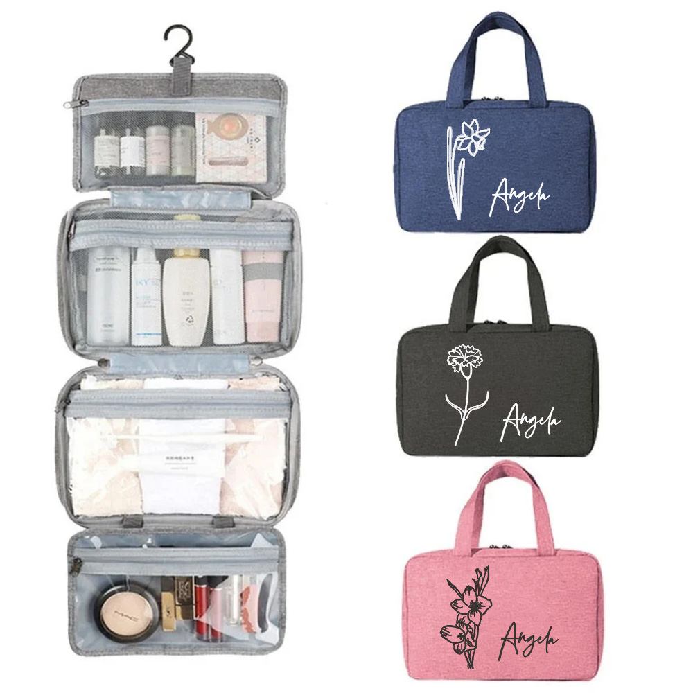 Personalized Names and Birth Flower Cosmetic Travel Bag, Foldable Make Up Organizer, Makeup Bag, Hanging Toiletry Bag for Women, Weekender Bag