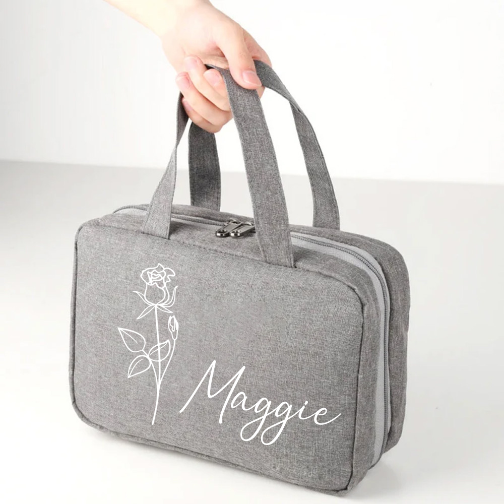 Personalized Names and Birth Flower Cosmetic Travel Bag, Foldable Make Up Organizer, Makeup Bag, Hanging Toiletry Bag for Women, Weekender Bag