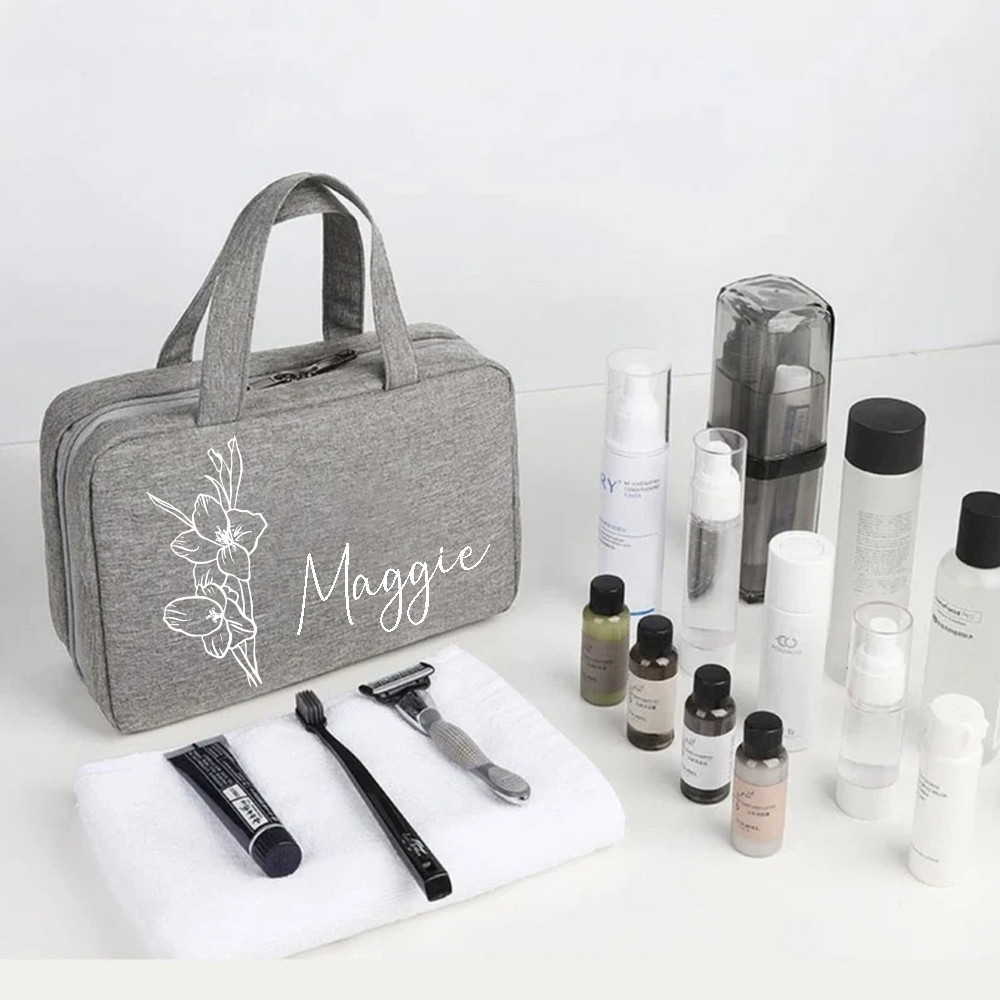 Personalized Names and Birth Flower Cosmetic Travel Bag, Foldable Make Up Organizer, Makeup Bag, Hanging Toiletry Bag for Women, Weekender Bag